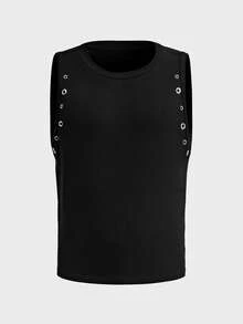 AXEPEAK Men's Black Eyelet Design Crew Neck Casual Streetwear Tank Top Club Summer - Black - View 7