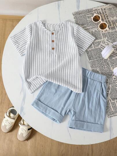 2pcs Young BoyFashionable Blue Striped Shirt Paired With Blue Shorts Set, Soft & Comfortable Fabric, Suitable For Outings, Photo Shoots, Sports, Casual Young BoyShirt & Shorts Set