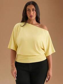 SHEIN BAE Áo thun đen dáng suông, vai lệch, đa năng, thích hợp mặc hàng ngày, hẹn hò, uống trà chiều, đi chơi với bạn bè, và phối được trong mọi dịp. - Vàng nhạt - Xem 6