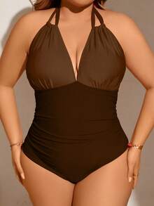 SHEIN Swim Curve Plus Size Summer Vacation Beach Colorblock Ruched Halter One-Piece Swimsuit - Brown - View 5