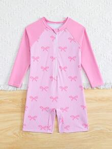 SHEIN 1 件女童条纹蝴蝶结印花拼接连体泳衣，度假海滩 - 粉色 - 查看 6