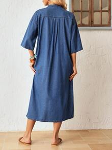 EMERY ROSE Women's Solid Color Drop Shoulder Short Sleeve Half-Placket Pleated Loose Denim Dress, Autumn Holiday Vacation Blue Boho - Blue - View 2