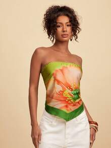 Travachic Top halter sin espalda con nudo delantero y estampado floral, adecuado para vacaciones de primavera/verano - Multicolor - Ver 5