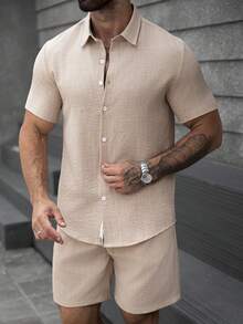 Manfinity CasualCool Men's Solid Color Minimalist Casual Short Sleeve Shirt And Shorts Set - Khaki - View 7