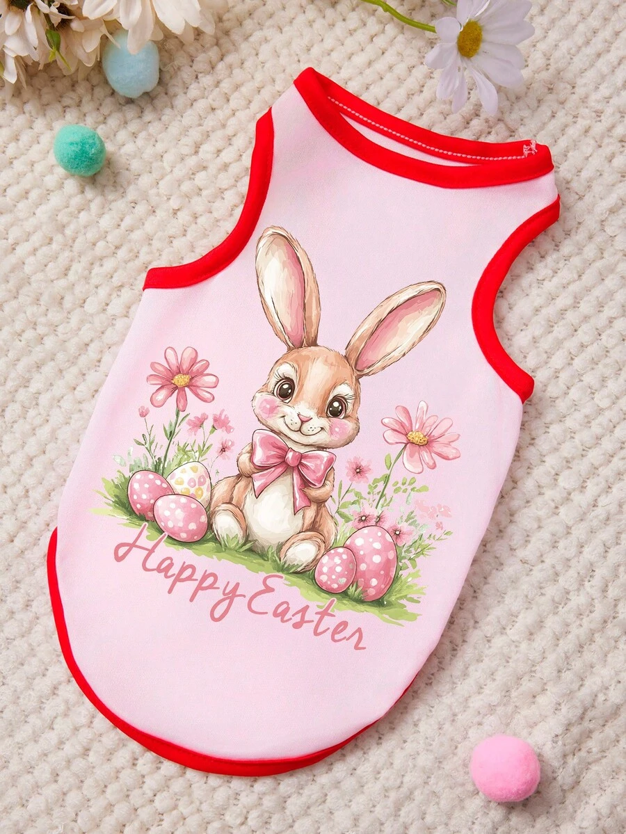 PETSIN 1 Chiếc áo vest cho thú cưng hình quả trứng Phục Sinh hình thỏ nhỏ dễ thương, in chữ và hoa nhỏ màu hồng và đỏ, mềm mại và thoáng khí, chống rụng lông. - Nhiều màu - Xem 1