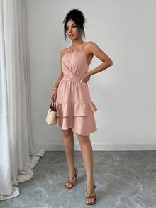 2026 Flora Isola Vestido mini ajustado y acampanado sin mangas con lazo elegante y cuentas para mujer, color caqui, primavera/verano - Rosa Pálido - Ver 3