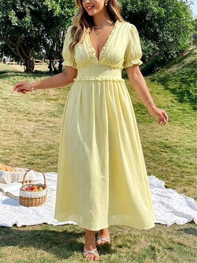 Vionelle Plus Size Women's Sweet Light Yellow V-Neck Puff Sleeve High Waist Midi Dress, Ruffled Trim Casual Dress For Picnic