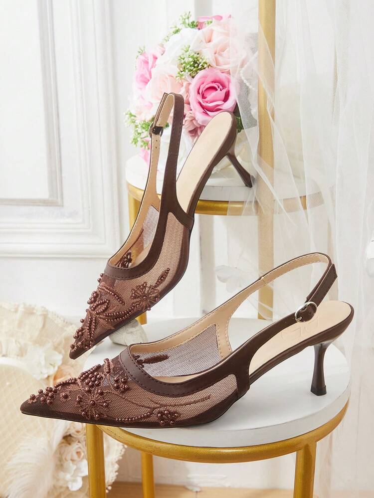 CUCCOO HITCHD Women Shoes Spring And Summer Breathable Mesh Pearl Embroidery Pointed Thin Heel Middle Heel Fairy Low Vamp Mesh Solid Color Women's High Heel Shoes Daily Commuter Dating Versatile Wedding Bridesmaid Shoes