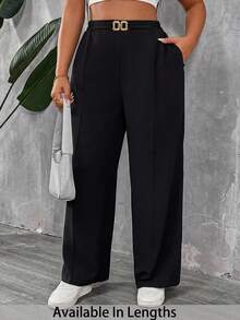 SHEIN PETITE CURVE 大码女式纯色高腰裤，带口袋，适合春季、情人节、毕业典礼、休闲、正式场合、日常生活、通勤、毕业典礼、外出、上学等各种场合，黑色裤子 - 黑色 - 查看 4