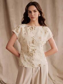 Anewsta Áo thun ngắn tay nữ mùa hè mới, thanh lịch, thêu ren đính sequin màu mơ, áo sequin nữ, trang phục nghỉ dưỡng nữ, thích hợp cho đi chơi, kỳ nghỉ, đi làm, công sở, áo thun nữ thường ngày. - Màu be - Xem 5