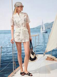 Zovinel Nueva blusa de verano de manga corta con cuello alto de organza y estampado jacquard, estilo francés - Blanco - Ver 5