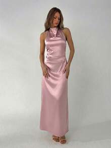 Aloruh Women's Green Draped Neck Tie-Waist Ruched Backless Dress, Spring/Summer,Summer Dresses For Women - Dusty Pink - View 6