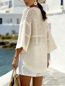 EMERY ROSE V-Neck Sleeveless Hollow Mesh Single-Breasted Loose Casual Women Thin Cardigan - Beige - View 2