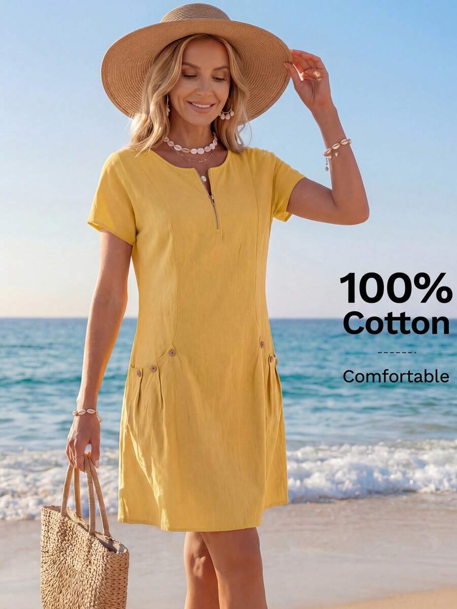 Sylviya Vestido de verano casual de unicolor con cuello con cremallera para mujer - Amarillo - Ver 1