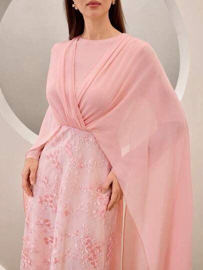 Graceveil Elegant Chiffon & Mesh Embroidered Long Dress For Women, Pink