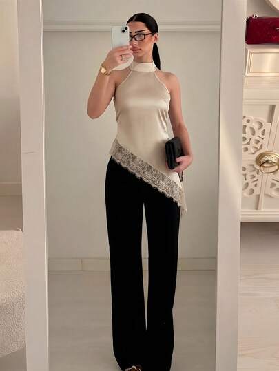 Firerie Áo camisole đen thanh lịch dành cho nữ, phối ren và satin, dây mảnh, vạt áo bất đối xứng, viền ren satin, gợi cảm và đa năng, phù hợp cho ngày Valentine, mùa hè, kỳ nghỉ biển, phong cách nhiệt đới bohemian và nhiều dịp khác.