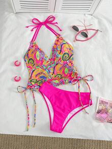 Swim Lushoire Women's Pink Graphic Hot Pink Paisley Print Spaghetti Strap Cinched Waist Backless Bikini Swimwear, Flattering Beach Vacation Summer Tropical - Multicolor - View 1
