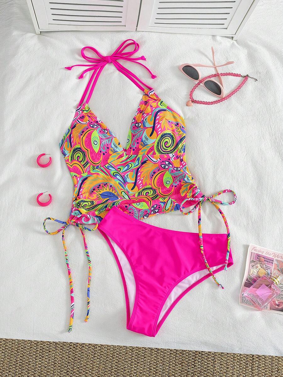 Swim Lushoire Women's Pink Graphic Hot Pink Paisley Print Spaghetti Strap Cinched Waist Backless Bikini Swimwear, Flattering Beach Vacation Summer Tropical - Multicolor - View 1