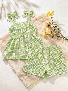SHEIN 2件套女婴幼儿/新生儿0-3岁休闲日常可爱度假条纹蝴蝶结装饰吊带背心+短裤套装，春夏款 - 綠色 - 查看 3