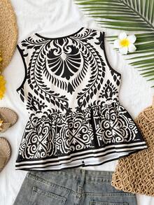 Travachic Women's Summer Casual Vacation All-Over Print Front Tie Round Neck Ruffle Hem Camisole - Multicolor - View 2
