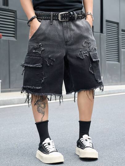 Manfinity EMRG Men's Casual Street Style Embroidered Multi-Pocket Distressed Hem Black Denim Shorts