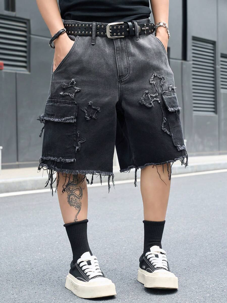 Manfinity EMRG Men's Casual Street Style Embroidered Multi-Pocket Distressed Hem Black Denim Shorts - Black - View 1
