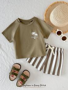 Cozy Pixies 男婴条纹椰树印花圆领短袖T恤和短裤休闲度假套装，夏季 - 軍綠色 - 查看 3