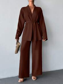 EURMUSE 2 Pieces Set, With Belt Detail, Comfortable Outfit, Suitable For Home And Outdoor Wear - Chocolate Brown - View 6
