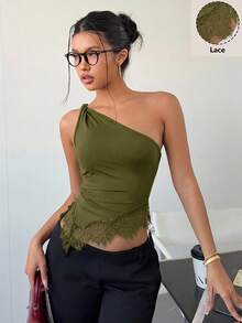 Siren Gaze Áo kiểu lệch vai thắt nút ren phối nhiều mảnh, áo blouse nữ ôm dáng thanh lịch, áo crop top mùa hè năng động, hở vai, hở lưng, thích hợp cho tiệc tùng, lễ hội âm nhạc. - Màu xanh Ô liu - Xem 4