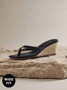 SHUZIA Beautiful Women's Black Faux Leather Pu Wide-Fit Short Espadrille Thong Wedge, Non Slip Slide-In Comfort Square Toe Spring Summer Chic Holiday Beach Fun Shoes Plus Size - Black - View 5