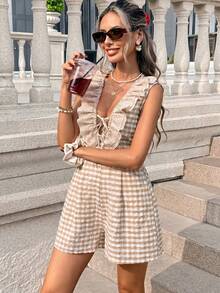 SHEIN PariChic Bộ jumpsuit nữ kiểu Pháp cổ điển mới, họa tiết hoa, viền bèo nhún, tôn dáng, thích hợp cho kỳ nghỉ. - Màu Khaki - Xem 5