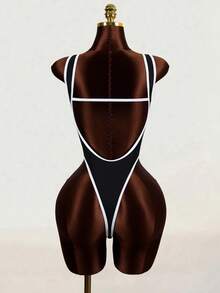 Swim SXY 1pc Women's Sexy Solid Color Deep V-Neck Backless High-Cut One-Piece Swimsuit - Black - View 6