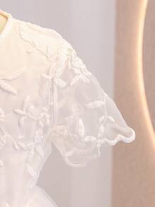 Girls White Mesh Lace Dress,Round Neck Cap Sleeve Textured Waist Elegant Summer Princess Dress,Suitable For Wedding Flower Girl Formal,Parties - White - View 3