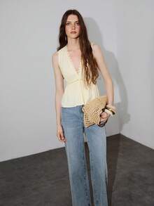 MOTF PREMIUM TOP CORTO CON CUELLO EN V PROFUNDO, PATCHWORK DE ENCAJE Y LINO, PRIMAVERA/VERANO - amarillo ganso - Ver 5