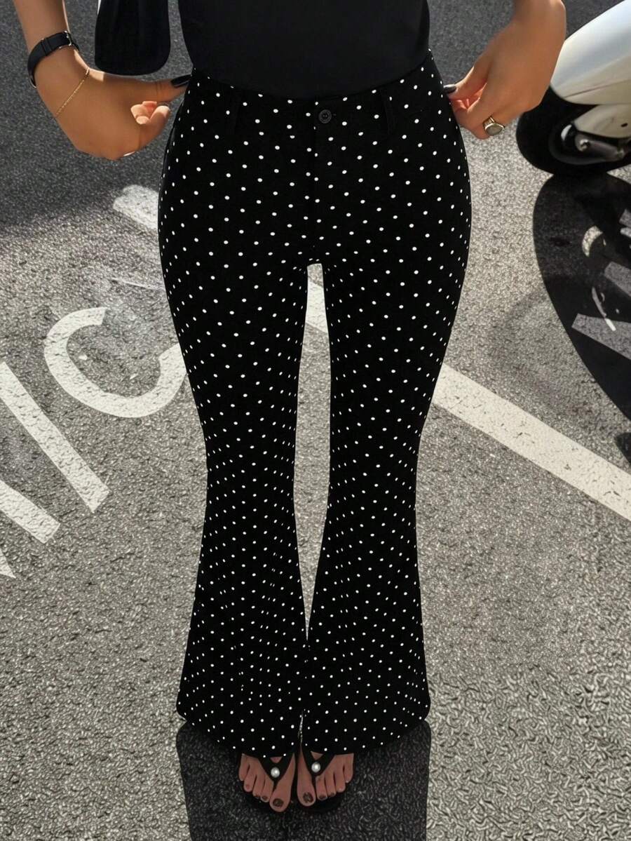SHEIN EZwear Pantalones acampanados de mujer con lunares negros - Negro - Ver 1