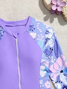 SHEIN 少女连体渐变碎花长袖前拉链泳衣，设计简约，Y2K风格，适合游泳、冲浪、度假、新年、春假、海滩等场合。 - 紫色 - 查看 5