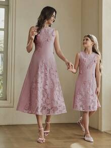 Anewsta Đầm ren ghép mảnh cho bé gái, đầm hai dây dễ thương, trang phục gia đình đồng bộ. - Bụi hồng - Xem 3
