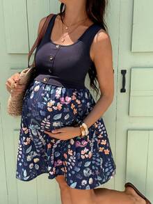 SHEIN 夏季孕妇休闲碎花拼接哺乳连衣裙 - 藏蓝色 - 查看 8