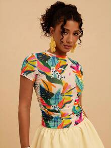 Travachic Nueva blusa casual de manga corta con estampado, ajustada y de malla transparente con plisados, adecuada para vacaciones/ocio y diversas ocasiones relajadas, Primavera/Verano 2026 - Multicolor - Ver 4