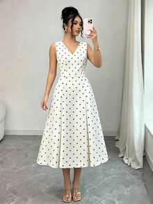SHEIN Franclia Đầm midi dáng suông, không tay, cạp cao, thanh lịch, nhẹ nhàng, họa tiết chấm bi đen trắng, thích hợp cho buổi hẹn hò mùa hè dành cho nữ. - Đen và trắng - Xem 3