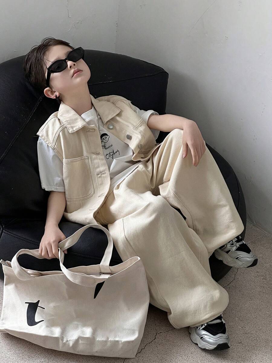 Dazy Kids Conjunto casual de chaleco sin mangas con cuello + pantalones vaqueros de pierna recta para niños (talla grande) - Blanco - Ver 1