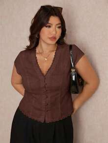 Elaquor Blusa de talla grande de verano, de unicolor con adorno de encaje - Marrón - View 6