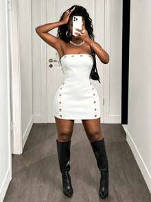 BamGleam Women's Solid Color Keyhole Design Fitted Tube Dress - White - View 6