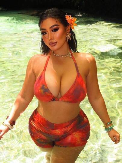 Swim SXY Plus Size Women 3pcs Random Print Halter Bikini Set, Casual Swimwear