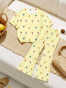 Summer Young Girl Cute Floral Print T-Shirt & Flared Pants Set, Pastel Yellow Refreshing Minimalist Personalized Fashion Creative Comfortable Daily Wear - Multicolor - View 4