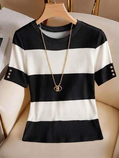 SHEIN Franclia Camiseta de mujer de cuello redondo casual con rayas de contraste y manga corta