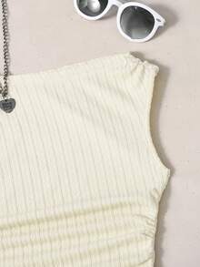 SHEIN 青少年女孩修身休閒不對稱單肩紋理布料背心上衣 - 杏色 - 查看 3