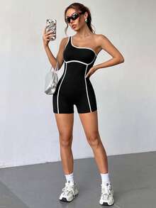 SHEIN HypeZone Bộ áo liền quần tập thể dục ôm sát màu đen trắng dành cho nữ - Đen và trắng - Xem 6