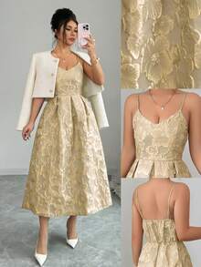 Vestido elegante de mujer con tirantes de espagueti y estampado jacquard, adecuado para invitadas de boda, fiestas de noche y galas; Vestido elegante de de mujer con cuello en V y pliegues - Rosa - Ver 10