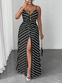 Maweii Robe d'été élégante à fines bretelles et dos nu rayée pour femmes grandes tailles, idéale pour les vacances et les fêtes - Multicolore - Voir 1